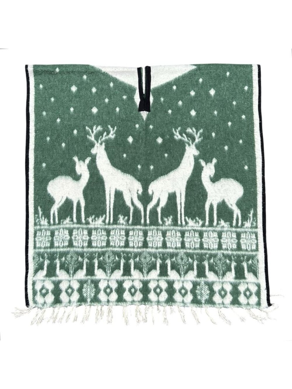VTG Mexican Style Deer Gaban Poncho Heavy Wool Blend Green White Fringe